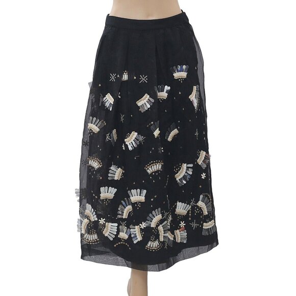 Uterque Organza Embellished Black Midi Skirt High Waisted Flared XS New 264609